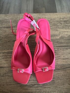 Miss Lola Bright Pink Slingback Sandals with Rhinestone Buckle